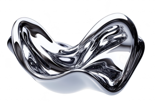 A sleek. abstract metallic sculpture with flowing curves and reflective surfaces. positioned against a plain white background. modern design aesthetics ideal for contemporary art or interior decoratio