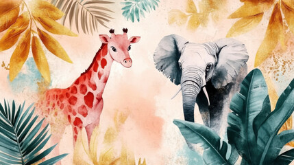 Modern abstract art. Animal illustration. Golden elements, watercolor painting, children's wallpaper. Hand drawn plants