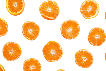 Freshly sliced oranges arranged in a pattern on a clean white background. their juicy texture and bright color. ideal for food photography or healthy lifestyle content
