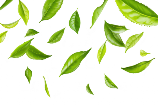 A collection of green leaves gracefully falling against a clean white background. creating a fresh and natural ambiance. ideal for nature-themed projects or eco-friendly designs