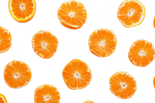 Freshly sliced oranges arranged in a pattern on a clean white background. their juicy texture and bright color. ideal for food photography or healthy lifestyle content