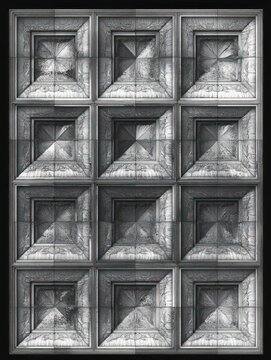 twelve ornate recessed square panels in a monochrome coffered ceiling with cracked texture and dramatic shadows, evoking a somber, aged atmosphere