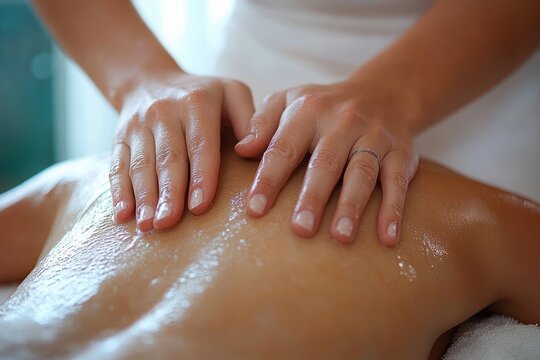 close-up of hands applying oil massage to a glistening bare back conveying calm relaxation and gentle pampering in a serene spa treatment