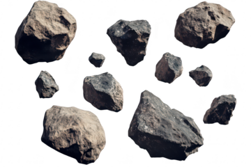 A collection of variously sized rocks scattered against a white background. their rough textures and natural formations. ideal for use in geological studies or artistic projects