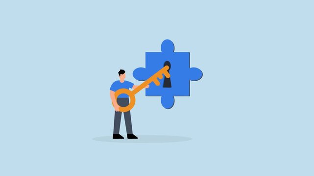 4k animation businessman turn key into jigsaw puzzle keyhole. - 4k animation businessman turn key into jigsaw puzzle keyhole.