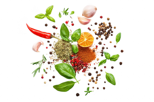 A arrangement of fresh herbs. spices. and citrus on a clean white background. a culinary theme ideal for cooking articles or recipe books