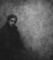 Fototapeta premium shadowy solitary figure in a dark coat against a grainy gray wall, moody and melancholic atmosphere