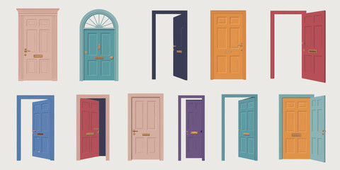 Open and closed door vector artwork showing playful cartoon entrances, exits, door handles and frames, ideal for home exterior visuals, architecture illustrations, and creative design projects.