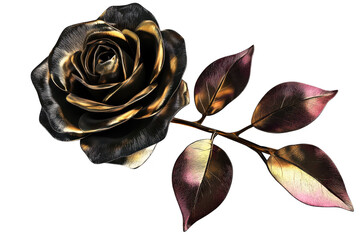 A beautifully crafted metallic rose with intricate gold and bronze hues. resting elegantly on a smooth white surface. symbolizing love and elegance. ideal for romantic or artistic themes