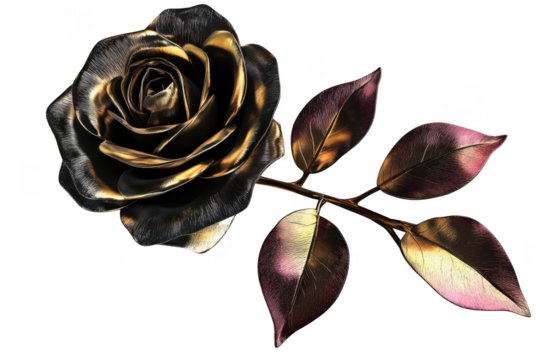 A beautifully crafted metallic rose with intricate gold and bronze hues. resting elegantly on a smooth white surface. symbolizing love and elegance. ideal for romantic or artistic themes