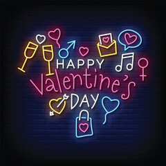 happy valentines day neon signboard with brick wall background vector