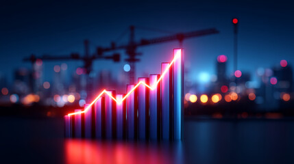 Naklejka premium Stock Exchange, Industry and Construction Materials. Rising glowing bar chart with neon line graph on blurred city background showing financial growth and positive stock market trends