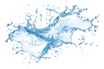 A dynamic splash of clear water creating intricate patterns against a white background. the beauty of fluid motion and the refreshing essence of water for creative projects