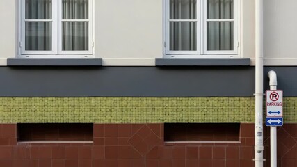 Modern building facade with white framed windows and various textured wall sections. Urban architectural detail featuring a no parking sign and a downspout. Contemporary exterior design