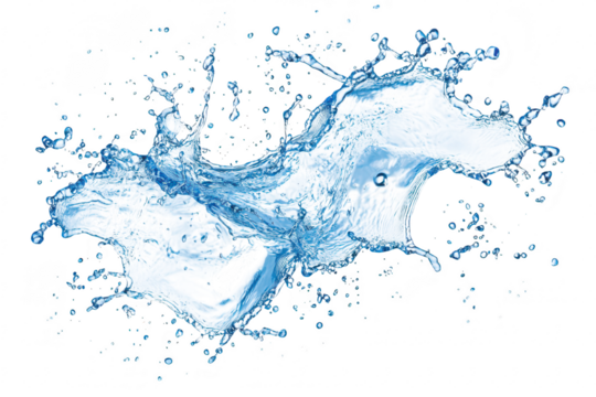 A dynamic splash of clear water creating intricate patterns against a white background. the beauty of fluid motion and the refreshing essence of water for creative projects