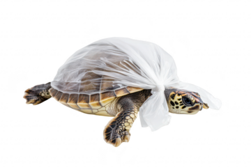 A turtle partially covered with a transparent plastic bag. resting on a clean surface. highlighting the impact of pollution on wildlife. with an emphasis on conservation awareness