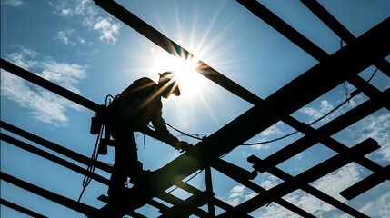 Construction Worker Silhouetted Against Sun Building Roof Structure on Sunny Day