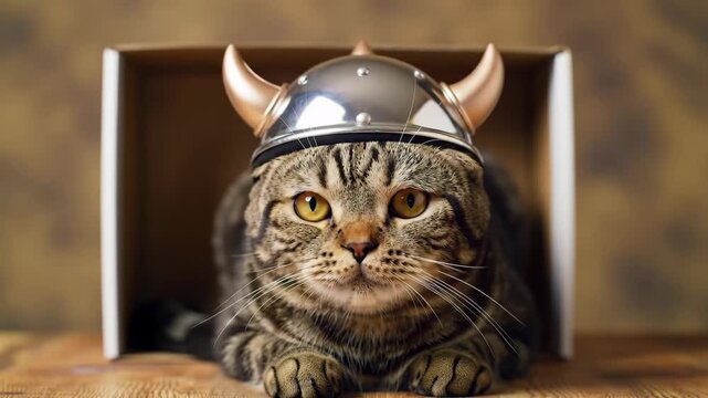 Adorable Tabby Cat Wearing a Viking Helmet in a Cardboard Box.