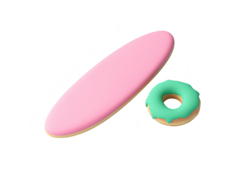A colorful pink surfboard and a mint-frosted donut placed on a clean white surface. creating a playful and composition. ideal for summer-themed or food-related content