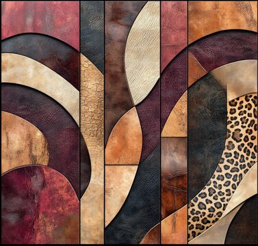 abstract leather patchwork mural of curved panels and vertical strips with cracked textures and leopard print in warm earth tones, evoking cozy exotic sophistication