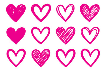 Hand drawn doodle line hearts. Hand drawn love symbol collection. Grunge illustrated heart set.