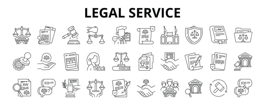 30 Legal Service Line Icons Vector - Legal Document, Justice Scale, Courtroom, Law Book, Legal Contract, Case Brief, Legal Consultation