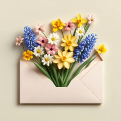 White daisies inside an open paper envelope on a white background