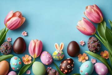 Fototapeta premium cheerful spring arrangement of pink tulips, colorful decorated and chocolate eggs, small sugar flowers and a bunny candy on a pastel blue background