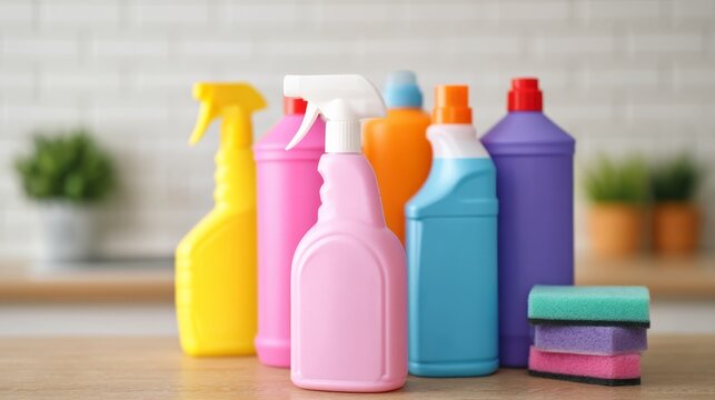 Domestic Hygiene Lifestyle, Bright Kitchen Cleaning Setup. Bright and Efficient Cleaning Supplies for a Hygienic Home Kitchen, Cleaning Essentials,3d rendering