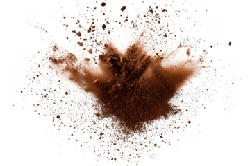 A dramatic explosion of cocoa powder creating a dynamic splash effect. set against a clean white background. ideal for culinary or food-related themes