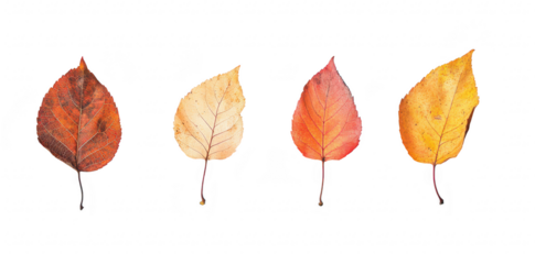 A display of four autumn leaves the transition of colors from deep red to bright yellow. set against a clean white background. ideal for seasonal decor or nature-themed projects
