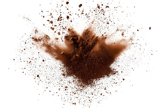 A dramatic explosion of cocoa powder creating a dynamic splash effect. set against a clean white background. ideal for culinary or food-related themes