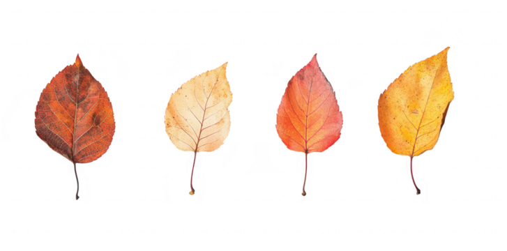 A display of four autumn leaves the transition of colors from deep red to bright yellow. set against a clean white background. ideal for seasonal decor or nature-themed projects