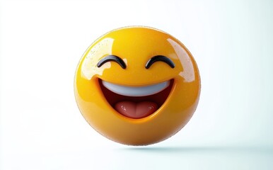 Fototapeta premium glossy yellow 3d smiling emoji face with closed eyes and open mouth showing tongue on white background, joyful and playful