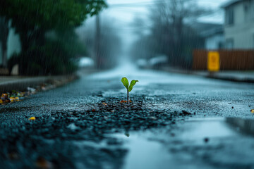 Small plant tree growing on cracked street