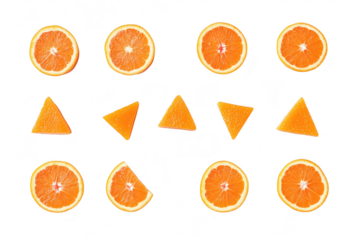 A arrangement of sliced oranges and orange jelly triangles neatly placed on a white background. their bright colors and textures. ideal for food photography or culinary use