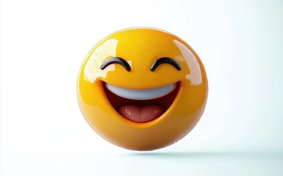 glossy yellow 3d smiling emoji face with closed eyes and open mouth showing tongue on white background, joyful and playful