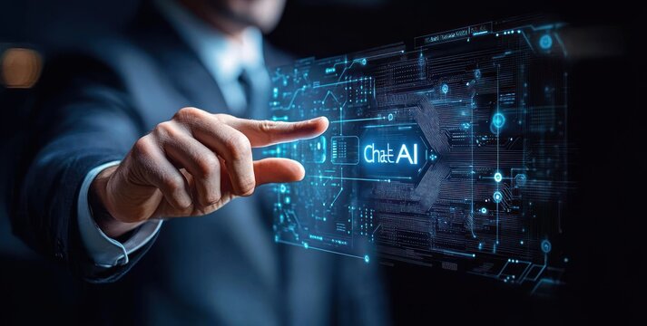 businessman in suit touching glowing holographic ai interface with blue circuitry and digital data streams, conveying innovation and confident interaction