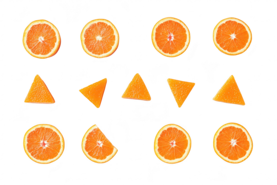 A arrangement of sliced oranges and orange jelly triangles neatly placed on a white background. their bright colors and textures. ideal for food photography or culinary use