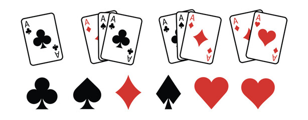 Playing cards gambling vector illustration showing spade, club, heart, and diamond symbols, suitable for card games, casino designs, poker graphics, and entertainment projects.