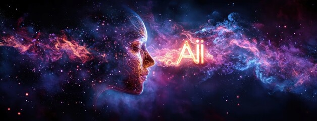 Obraz premium Neon wireframe human profile facing glowing Aii letters amid vibrant cosmic nebula and stars, evoking wonder and futuristic awe