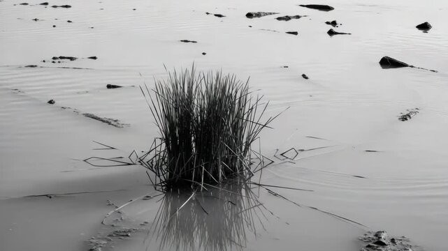A minimalist black and white triptych of reeds in calm water. Serene nature background showing subtle movement and reflection for a tranquil or meditative concept