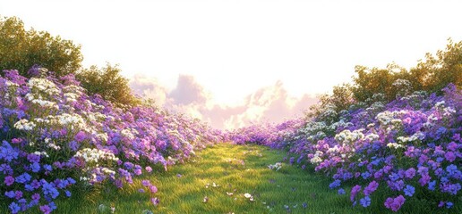 sunlit grassy path through a vibrant meadow of purple and white wildflowers beneath a soft sunrise sky, evoking peace and gentle hope