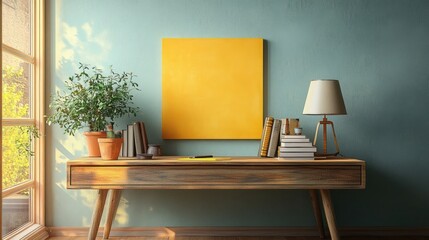 Fototapeta premium sunlit wooden console table with potted plant, stacked books, lamp and yellow square canvas on teal wall evoking cozy calm