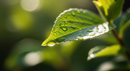 Tiny water droplets cling to the edge of a sunlit green leaf in a close up view