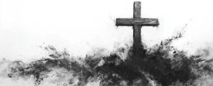 Solitary weathered wooden cross emerging from billowing black smoke and ink splatter on a stark white background, somber and ominous mood