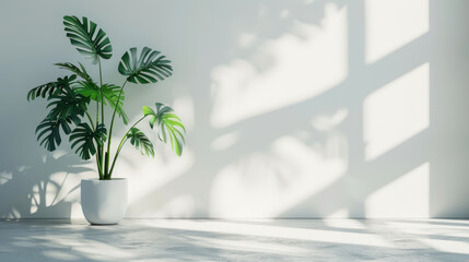 Minimalistic light background with blurred Monstera Deliciosa plant pot shadow on a light wall