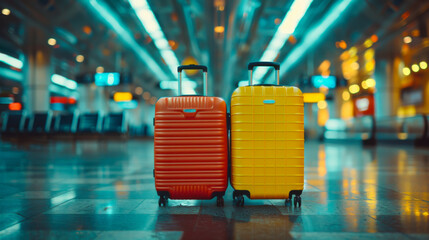 Closeup Shot Of Two Plastic Suitcases Standing At Empty Airport