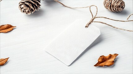 A blank white tag with twine is placed on a white wooden surface, accompanied by pinecones and dried leaves, suggesting a rustic or seasonal theme.
