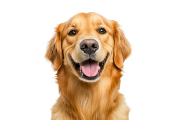 A cheerful golden retriever dog with a bright smile. its friendly nature against a plain white background. ideal for pet-related content and advertisements